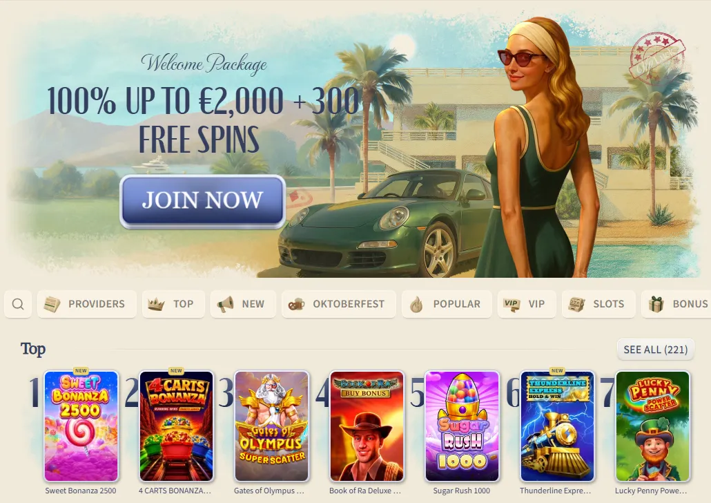 Homepage di VipLuck casinò online su desktop con il pacchetto di benvenuto
