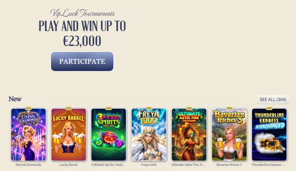 Sezione tornei e nuove slot sul sito VipLuck